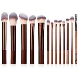 Juego de 13 brochas de maquillaje marrón profesional, juego de brochas de maquillaje sintéticas de primera calidad, sombra de ojos, colorete, correcto
