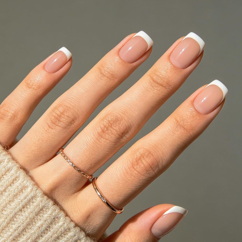 modelones Uñas Postizas Modelones French Tips Press-On Cortas Y Cuadradas