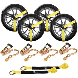 Trekassy 4 Chain Strap Flatbed Auto Haul Car Trailer Tie Down Kit Lasso Wheel Tire Straps
