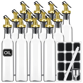 Hushee 12 Pcs Clear Glass Olive Oil Dispenser Bottles Sets Include 8oz Glass Bottle with Spout Oil Vinegar Cruet Container for Kitchen Stainless Steel Funnel Black Labels with White Pen(Gold)