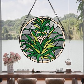 YOURANJU Green Pineapple Stained Glass Window Hanging Tiffany Style Handmade 12" Fruit Round Window Panel for Bedroom Kitchen Living Room Window Decoration Hangings with Chain