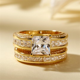 Jeulia 2.85 Carat Sterling Silver Princess Cut Bridal Set Engagement Wedding Rings Bands with Cubic Zirconia for Women with Jewelry Gift Box (Gold Plated, N 1/2)