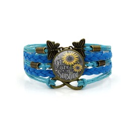 You Are My Sunshine Sunflower Layers Leather Bracelet Butterfly Eternal Endless Daisy Cahrms Bracelet for Women-Blue