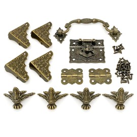 Antique Jewelry Box Lock Latches Hasp Hinges Retro Drawer Handle Vintage Box Legs Feet Corner Protector with Screws Hardware Kit Decorative for Small Jewelry Gift Box Wood Case Crafts DIY (One Set)