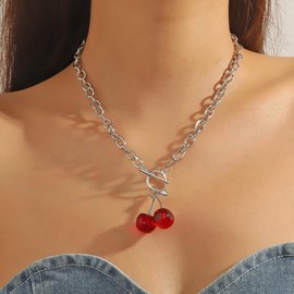 Cherry Charm Necklaces for Women Adjustable Silver Fruits Cherry Pendant Necklaces Cute Cherry Choker Necklace Jewelry (red)