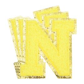 sourcing map 3Pcs Chenille Letters Patches Large Size 3.15"x2.76" Iron-on Letters N Golden Glitter Embroidered Patches for Clothing, Shoe, Hats, Backpacks (Yellow)