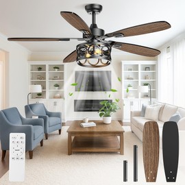 Ceiling Fans with Lights and Remote, 52'' Vintage Caged Ceiling Fan with Light, 5 Blades, 6+1 Speed, Flush Mount Ceiling Fan Whisper-quiet for Farmhouse, Living Room, Kitchen and Porch