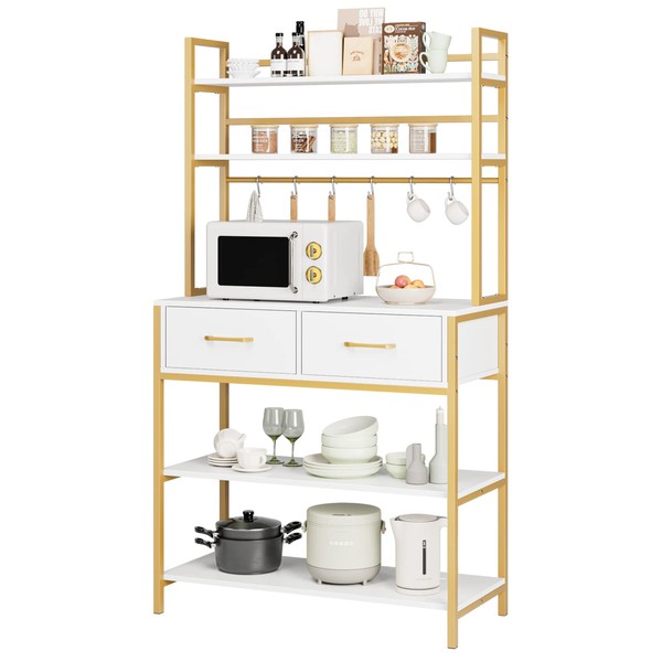HITHOS Industrial 5-Tier Kitchen Bakers Rack with 2 Drawers, Microwave Oven Stand with Storage Shelves and Hutch, Kitchen Shelf with Storage, Coffee Bar for Living Room, Home Office, Gold White