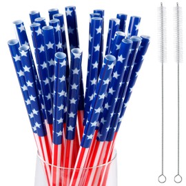 Quera 27 pcs Independence Day American Flag Plastic Drinking Straws Stars Stripes Reusable BPA-Free Straws 4th of July Party Memorial Day Supplies with 2 Cleaning Brush 9'' Red White Blue