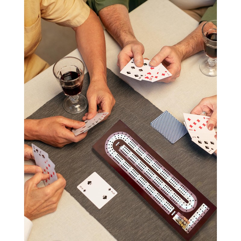 Wooden Cribbage Board Game Set with Cards & Metal Pegs