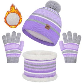 UMIPUBO Kids Warm Beanie Hat Scarf Gloves Set 3 in 1 Thermal Knit Hat Scarf Gloves Set Winter Accessories Sets Snood Scarf Gloves Set with Double Layer Fleece Lining Boys Girls(Violet, One size)