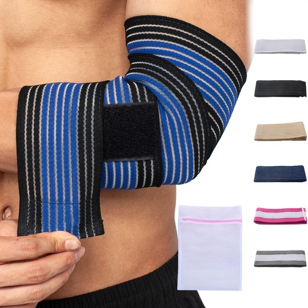 360 RELIEF Elbow Support Compression Sleeve - Fitness Gym Workout Squats Weight Lifting Muscle Pain Sprains Sports Injury | Black/Blue with Mesh Laundry Bag |