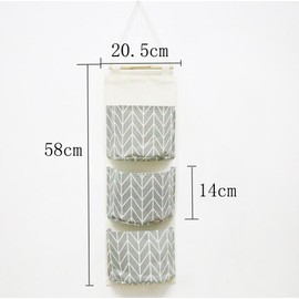 MINGZE Linen Hanging Storage Bag, Wall Mounted Storage Bag with 3 Pockets, Over Door Hanging Storage Bag, Wall Wardrobe Organiser (Grey Stripes)