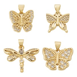 Pandahall 4Pcs Butterfly Dragonfly Cubic Zirconia Charms 18K Gold Plated Clear Flying Animal Charm Metal 3D Cute Cartoon Insect Pendants Dangle Charms for Necklace Earrings Keychains Jewelry Making