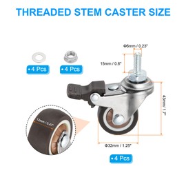 PATIKIL 1.25 Inch Swivel Caster Wheels with Brake, 4Pcs M6x15mm TPE Rubber Threaded Stem Casters Load Capacity 132 Lbs with Tool Set for Furniture Trolley Cart, Brown