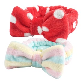 scicent Make Up Headband 2 Pieces Bowknot Hair Bands Makeup Bow Hair Wrap Towel Coral Fleece Cosmetic Hairband Sports Bath Shower Headbands for Women Girls (Beige+Yellow) - 13022