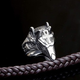 PAURO Men's Ankh Cross Anubis Wolf Head Ring Stainless Steel, Stainless Steel