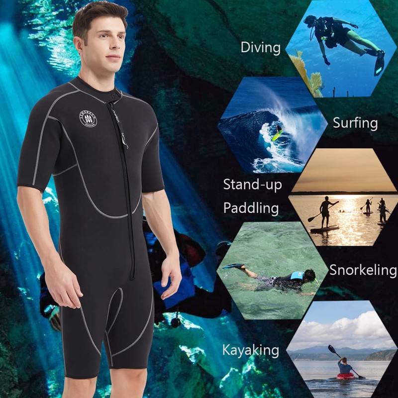 Lemorecn Wetsuits Mens Front Zip Neoprene 3mm Shorty Diving Suit(CA3016black-3XL)