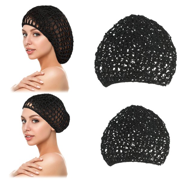 Geosar 4 Pieces Mesh Crochet Hair Net Rayon Knit Snood Hat Large Small Hair Wraps for Women Sleeping Crocheted Sleep Cap Hairnets for Girls Straight Short Hair Cover Ornament Food Service, Black