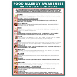 Food Allergy Sign, A4 Allergen Sign 450GSM Kitchen Sign Poster, Includes Details on all 14 Regulated Allergens, Synaps Material, Waterproof, Tearproof and UV Resistant, 297mm x 210mm