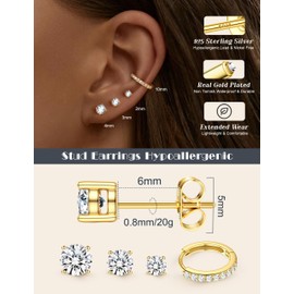Chriscoco 4 Pairs of Earrings 925 Silver Set 18 K Gold-Plated Stud Earrings Gold/Silver 925 Women's Helix Piercing Ear Zirconia Hoop Earrings for Multiple Ear Holes, Silver, No gemstone