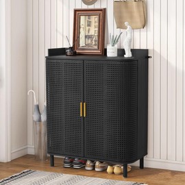 ORRD Shoe Cabinet, 5 Tier Boho Wooden Shoe Storage Organizer Cabinet with Adjustable Shelves, Shoes Rack with Iron Rattan Curved Doors Accent Cabinet for Entryway Hallway Living Room, Black