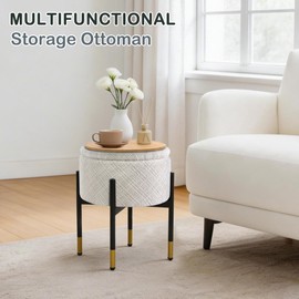 CAROLMADE Round Ottoman with Storage, Velvet Makeup Vanity Stool, Small Ottoman Foot Stool with Coffee Table and Metal Legs for Living Room, Bedroom and Dorm, Beige