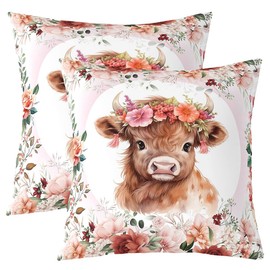 Feelyou Cute Highland Cow Throw Pillow Covers 18"x18" 1Pcs Cartoon Animal Decorative Pillowcase for Sofa Bed Chair Car Flower Floral Print Cushion Cover Farm Zoo Garden Theme Outdoor Pillows Covers