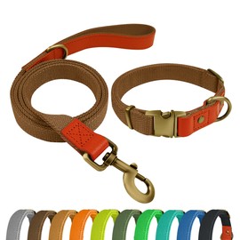 Qianruida Nylon Dog Collar and Leash Set Durable - Adjustable with a Solid Fastening, Comfortable and Durable, Ideal for Walking, Training and Outdoor Safety, Brown, XL