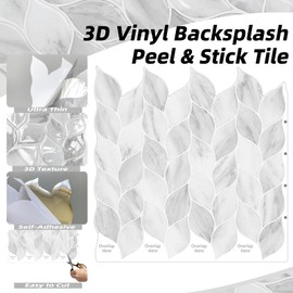 Tilingview 10 Pcs Leaf Design Peel and Stick for Kitchen Backsplash, Premium Self-Adhesive Tiles Wall Stickers (Gray White, Ultra Thin)