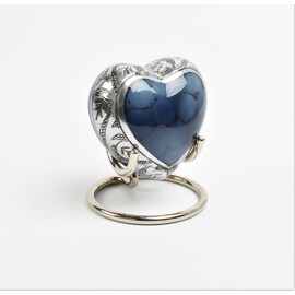 UrnsWithLove Mini Keepsake Urn For Token Ashes Beautiful Blue And Silver Pattern Heart Shape Cremation Funeral Urn