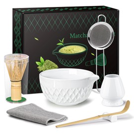 Matcha Whisk Set, 7 Pcs Matcha Kit, Ceramic Matcha Set Includes Matcha Bowl with Spout, Matcha Whisk and Holder, Bamboo Scoop, Scoop Rest, Sifter and Tea Towel (Ceramic White)