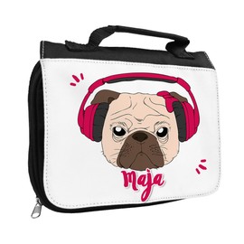 Kulturbeutel mit Namen Maja und Motiv - Mops mit Kopfhörer pink - für Mädchen | Kulturtasche mit Vornamen | Waschtasche für Kinder