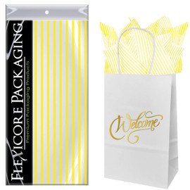 Flexicore Packaging White Kraft Paper Welcome Bags & Yellow Gift Wrap Tissue Paper | Size: 5.25 Inch X 3.25 Inch X 8.25 Inch | Count: 50 Bags | Color: Yellow Pin Stripe