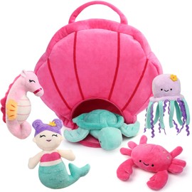 BenBen Ocean Stuffed Animal, 5 Pack Small Sea Creature Plush Toys and Shell Carrying Bag Set, Cute Plushies for Baby Kids, Sea Turtle, Octopus, Mermaid, Seahorse, Crab, Baby Shower