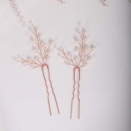 YERTTER 2Pcs Wedding Hair Pins Crystal Pearl Beads Bobby Pins Decorative Pin Clips Bridal Prom Accessories for Brides and Bridesmaids (Rose Gold)