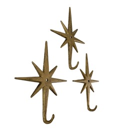 Zeckos Antique Gold Cast Iron Atomic Starburst Wall Hooks Set of 3 – Mid-Century Modern Decor for Stylish Organization and Chic Storage