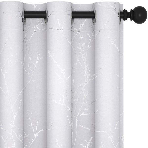Deconovo Blackout Grommet Silver Pattern Printed Curtains, Greyish White/Silver Tree