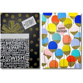 Lilemawr 18 Unique Birthday Cards Assortment with Envelopes. For Women, Men, Kids. Large 7”x5”, Blank Inside. Adorned with Gold Glitter and Embossed Gold Foil. Individually Wrapped