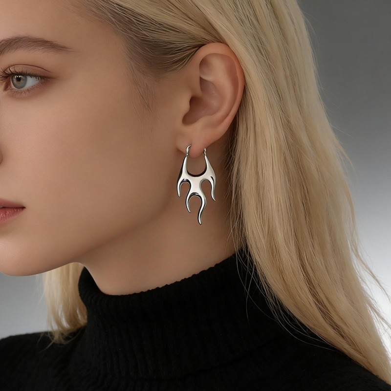 Sttiafay Punk Flame Hoop Earrings Silver Fire Flame Dangle Earrings