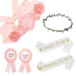 6 Pcs Mom to Be Baby Shower Decorations, Mummy To Be & Daddy To Be Sash and Corsage Pin Set, Flower Crown Baby Sash Belt Baby Shower Decorations for Baby Gender Reveal Party