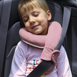 WENRENER Kids Travel Neck Pillow, Comfortable Head & Chin Support for Car seat & Airplane, Toddler Pillow for Sleeping on Road Trip, Gifts for Child (Pink & Beige)