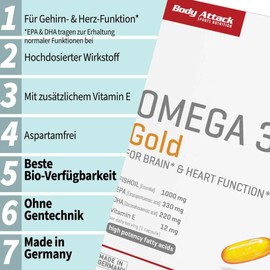 Body Attack Omega 3 Gold, 120 Softgel Capsules - High Dose Omega 3 Fatty Acids + Vitamin E in Peak Ratio 330 mg EPA and 220 mg DHA, 1000 mg Fish Oil per Serving, Made in Germany