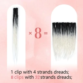 Quisduis 16 Inch Clip in Dreadlocks Hair Extensions, 8PCS 32 Strands Black to White Synthetic Dreas Extensions Handmade Soft Thin Dreadlocks for Women