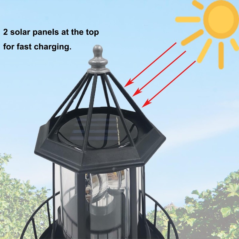 LIFTATAPA LED Solar Powered Lighthouse, 360 Degree Rotating Lighthouse Lamp,