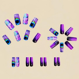 Purple Gradient Press on Nails Medium Square Shaped Fake Nails Peacock Feathers Designs Glossy Acrylic Nails Peacock Eyes False Nails Full Cover Stick on Nails for Women DIY Manicure 24 Pcs