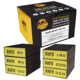 Dura-Gold 4-Sided Hand Sanding Block Sponge Variety Pack, Box of 12, Grits 60, 80, 120, 180, 220, 320-3.9" x 2.75" x 1" Wet or Dry Flexible Sandpaper Pads, Reusable - Sand Wood, Drywall, Metal Paint