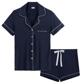 Womens Short Sleeve/Pj/Sleep Shorts Set Button From Pajamas Soft Comfy(Navy Blue,XL)