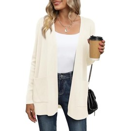 Yommay Cardigan for Women Loose Casual Lightweight Ladies Long Sleeve V-Neck Knitted Sweaters with Pockets,Beige,Small