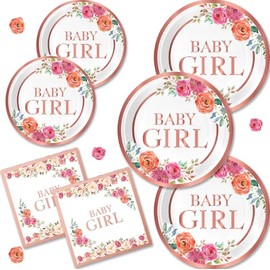 Rose Gold Baby Girl Shower Decorations Tableware Set,Includes Floral Baby Girl Plates and Napkins for Girl Baby Shower Gender Reveal Party Supplies Serves 10